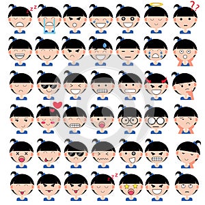 Illustration of asian cute girl faces showing different emotions. Joy, sadness, anger, talking, funny, fear, smile. Isolated