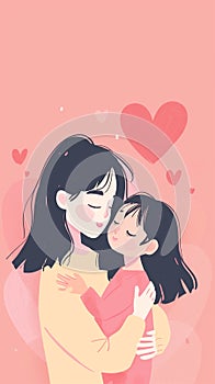 Illustration of an asian woman and her daughter sharing a tender moment with a pink heartfilled background