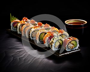 Illustration of assorted sushi. Seafood delicatessen