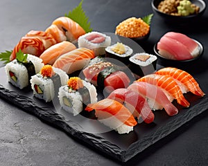 Illustration of assorted sushi.