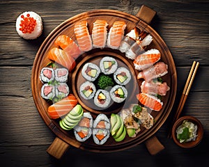 Illustration of assorted sushi.