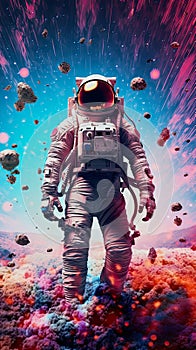 illustration of an astronaut against an abstract pop color background