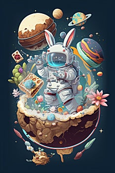 illustration of an astronaut bunny with planets in background