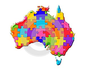 Illustration of Australia on the map composed of colorful puzzle pieces on a white background