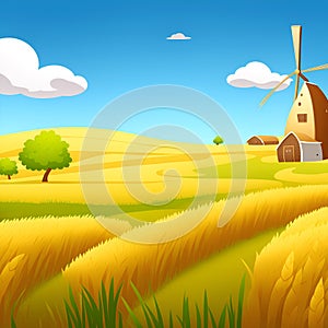 Illustration of an autumn farm landscape. a beautiful autumn background with wheat fields. Rural autumn landscape with windmill,