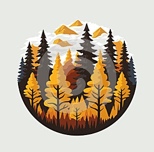 Illustration of an autumn forest, in a closed decorative rounded shape.