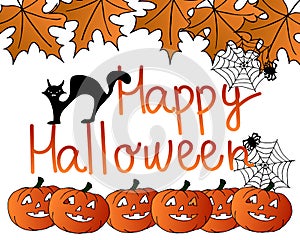 illustration, autumn holiday card, orange leaves, black cat, spider, pumpkins and lettering Happy Halloween on white background