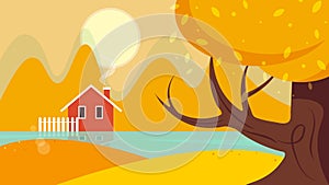 Illustration of an autumn landscape with a house on the shore of the lake.