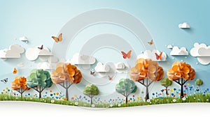 an illustration of an autumn landscape with trees butterflies and clouds