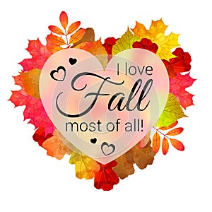 Illustration with autumn leaves, heart blurred shape and text.