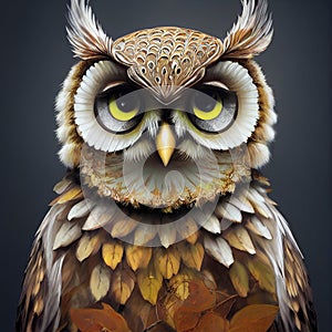 Illustration of autumn magical owl with whimsical plumage made from dry leaves