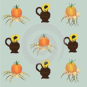 Illustration Autumn, pumpkin, flower and jug. Modern design. Fabric design.