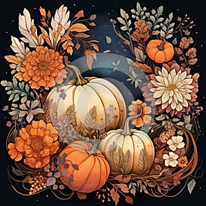 Illustration of Autumnal Pumpkins Surrounded by Seasonal Flowers