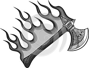 illustration of ax with flames in white background