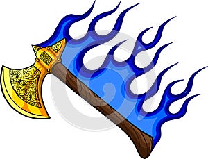 illustration of ax with flames in white background