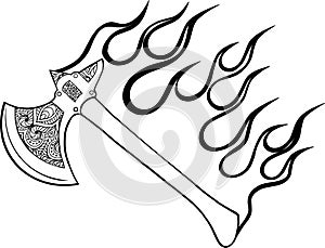 illustration of ax with flames in white background