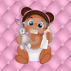 illustration of baby girl black with feeding bottle