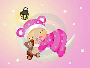 Illustration of baby girl sleeping on the moon
