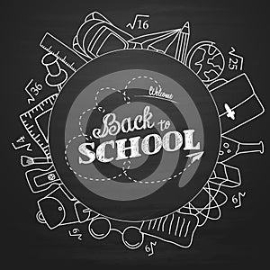 Back to school lettering in doodle circle on blue chalkboard background