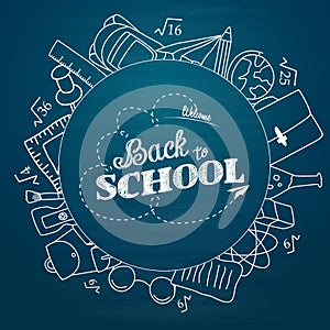 Back to school lettering in doodle circle on blue chalkboard background