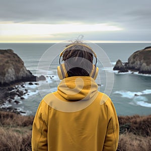 Illustration of a back-to-back teenager with headphones looking out to sea.