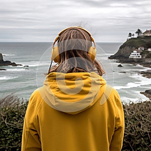 Illustration of a back-to-back teenager with headphones looking out to sea.