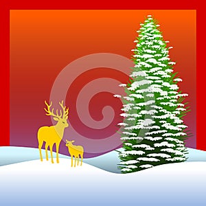 Illustration with background allusive to the theme of christmas. Characteristic winter landscape with snowing pine tree, and deer