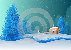 Illustration with background allusive to the theme of christmas. Characteristic winter landscape with snowing sky, trees and deer