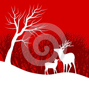 Illustration with background allusive to the theme of christmas. Characteristic winter landscape with tree and deer in silhouette.