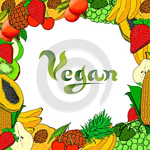 Illustration of a background with fruits of all colors and the word Vegan in the middle