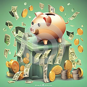 illustration background of pile of money and piggy bank