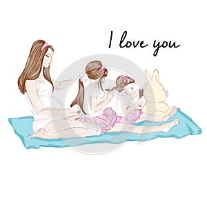 Illustration - Background - Watercolor illustration - Mum and daughters