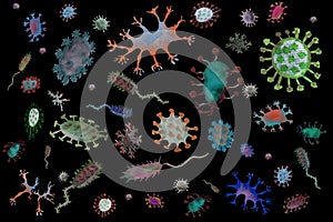 Illustration of a bacteria under the microscope on a black background.