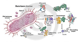 Illustration of a bacterium with labeled components and processes. The bacterium