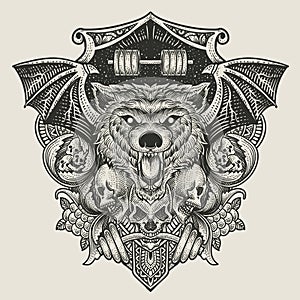 illustration baddas wolf head with skull with engraving ornament