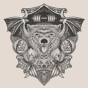 illustration baddas wolf head with skull with engraving ornament