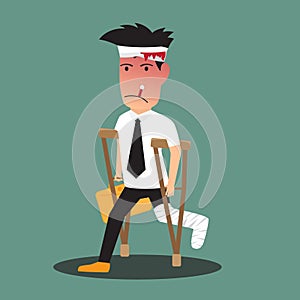 Illustration of a badly injured businessman walking on crutches