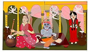 Illustration of Bal Krishna,Radha and Yeshodha maa.Lord Bal Krishna eating Makhan Vector Art.