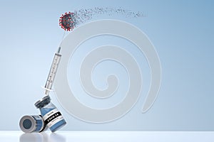 Illustration of the balance of a bottle with the Sars-CoV-2 coronavirus vaccine  a syringe  and a Covid-19 molecule. A concept on