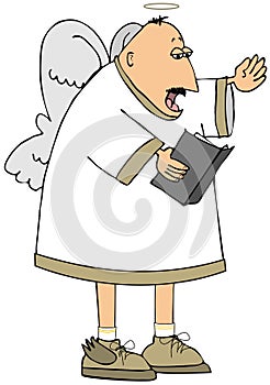 Balding angel singing from a hymn book photo