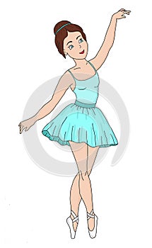 Illustration ballerina in classical tutu on a white background. Colorful illustration in cartoon style. Hand drawn. Template.