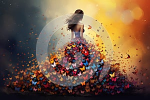 illustration of a ballerina in a dress, on a background of colorful butterflies. Generative AI