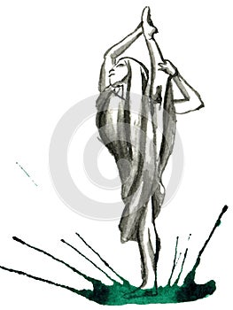 An illustration of a ballet dancer in black and white with a bright green watercolor splash.