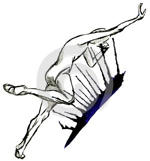 An illustration of a ballet dancer in black and white with a bright violet watercolor splash.