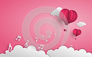 Illustration of a balloon flying over the cloud with music notes floats on the sky. vector of music background