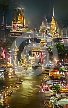 Illustration of Bangkok at night with its canals and golden temples
