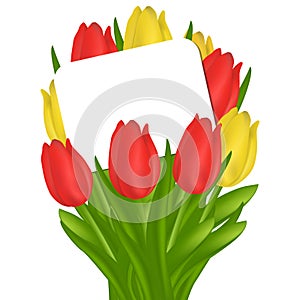 Illustration of the banner day holiday special offer shopping sale mother`s Day. A bouquet of red and yellow tulips with a text fr