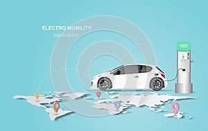 Illustration banner with electric car charging station. Electro mobility environment for map location network concept.Green Clean