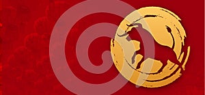 Illustration banner. Golden bull on a red background, free space for text. Chinese new year 2021 year of the ox photo