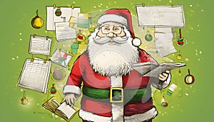 Illustration: banner Santa Claus with a pile of letters. Gifts on a green background. Christmas card as a symbol of remembrance of